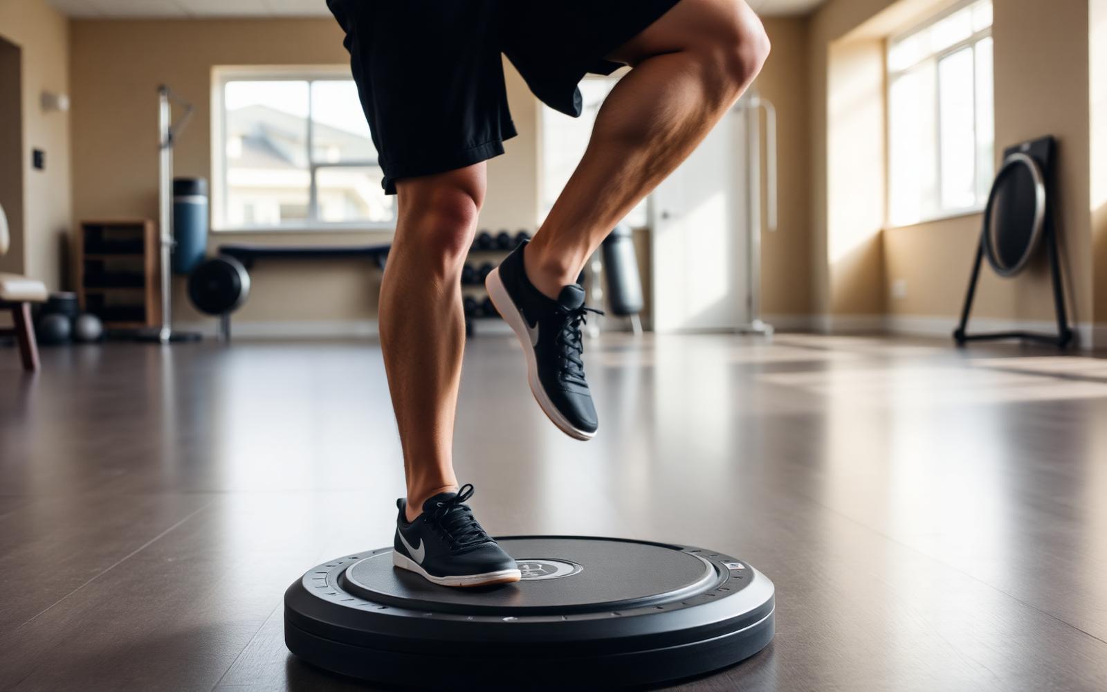 Athlete performing a single-leg hop test on a force plate in a rehab gym