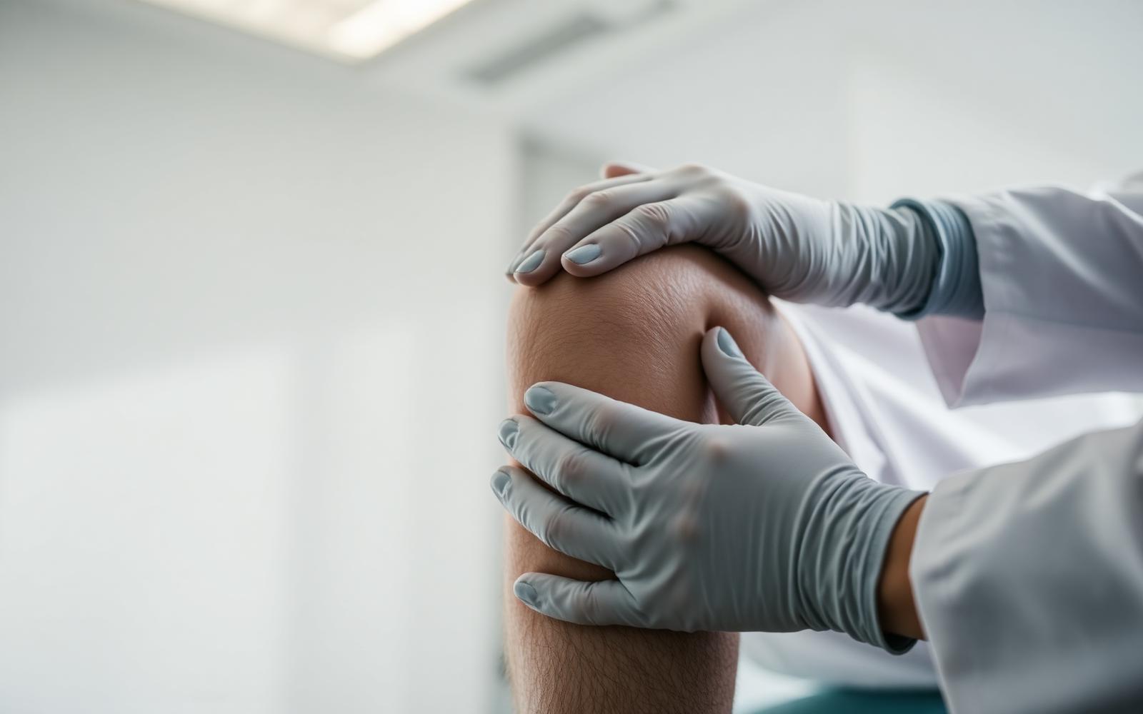 Clinician's gloved hands examining a patient's knee in a bright modern clinic