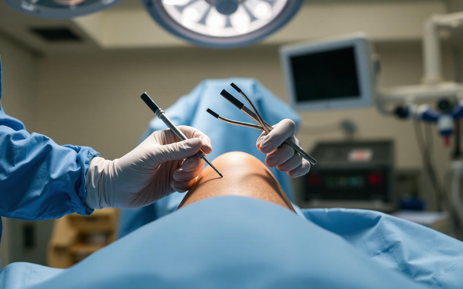 Surgeon holding arthroscopic instruments over a draped knee in an operating theatre