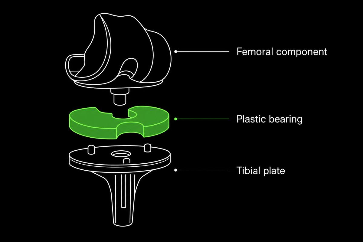 Diagram of knee replacement implant components: femoral component, plastic bearing and tibial plate