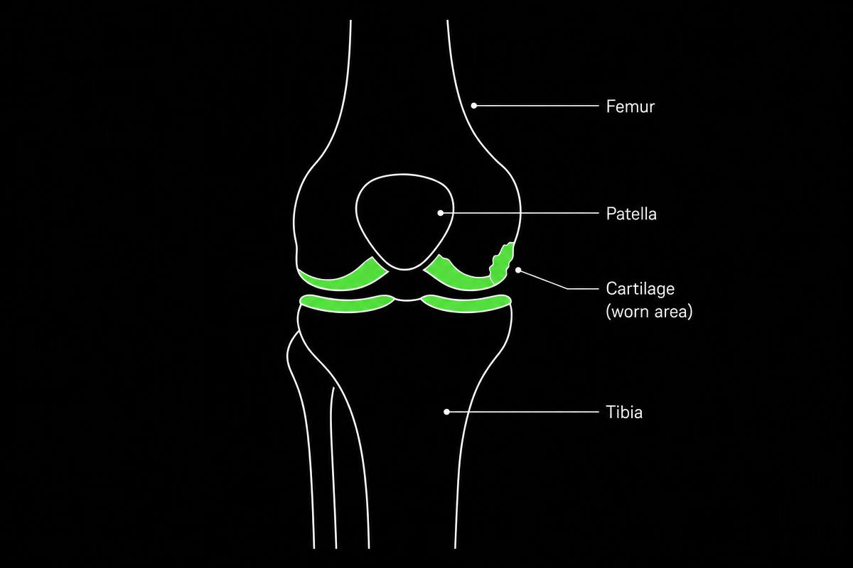 Diagram of the knee joint showing the femur, patella, tibia and the cartilage surfaces that wear away with arthritis