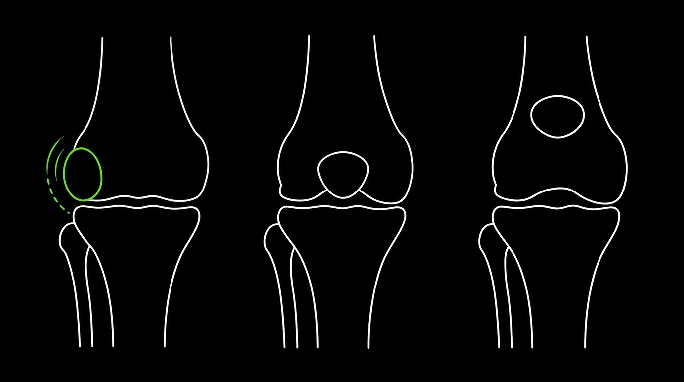 Three line drawings of knees side by side comparing a deep groove, a shallow groove with the kneecap slipping outwards in green, and a kneecap sitting high above the groove