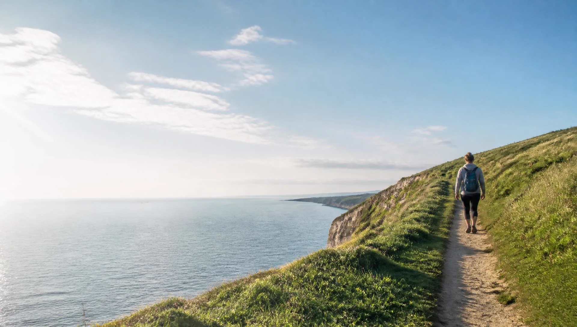 Walker heading away along a grassy clifftop path above a calm sunlit sea