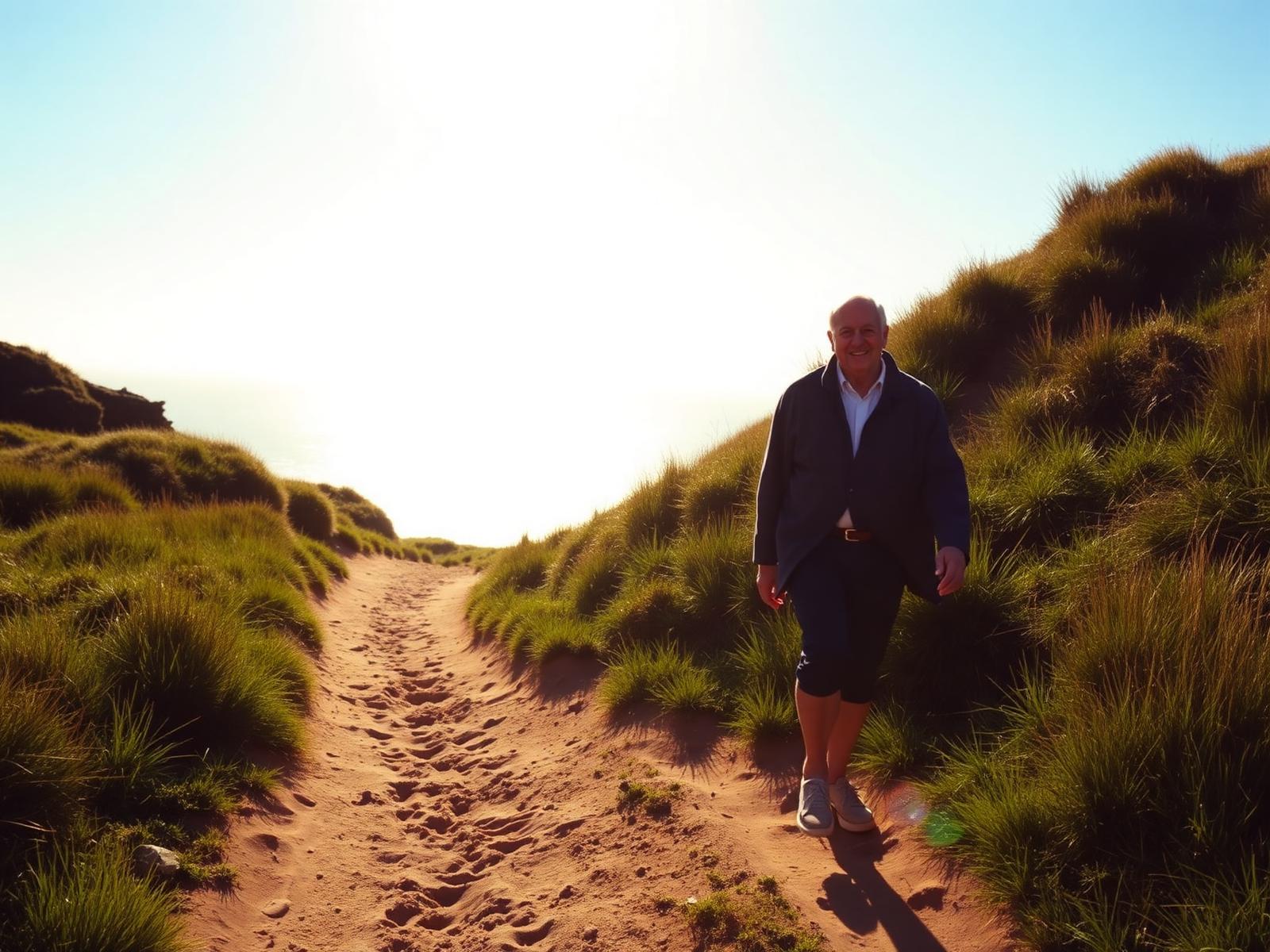 Active person walking a sunlit coastal path in Bournemouth